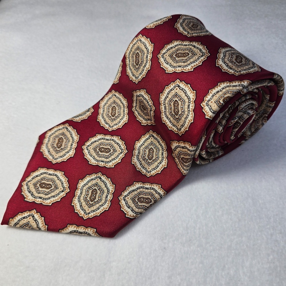 Liberty of London Mens Red Gold Geometric Medallion Silk Neck Tie USA 58"